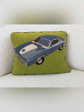 Jonathan Adler Blue Car Needlepoint Accent Pillow on Green Ground